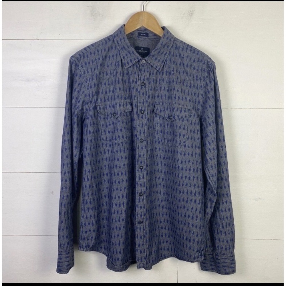 American Eagle Shirt Men L Blue Pattern Slim Fit Long Sleeve Pearl Snap‎ Western